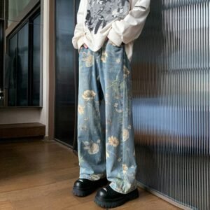 Men's Printed Floral Wide-leg Washed Jeans Mid-waist Straight Pants