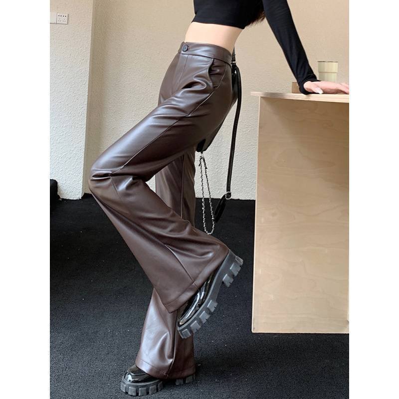 Slim Fit Leather Bootcut Trousers Slimming High Waist Casual Leather Pants - Image 5