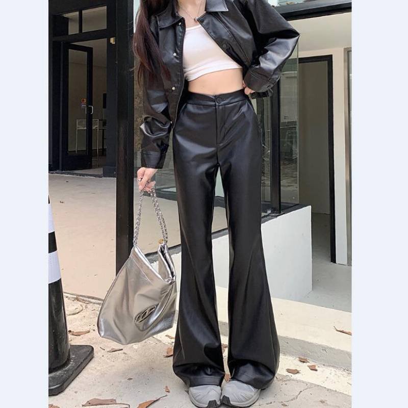 Slim Fit Leather Bootcut Trousers Slimming High Waist Casual Leather Pants - Image 7