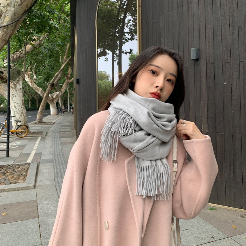 250g Solid Color Artificial Cashmere Scarf Thickened Warm Tassel Monochrome Shawl - Image 9