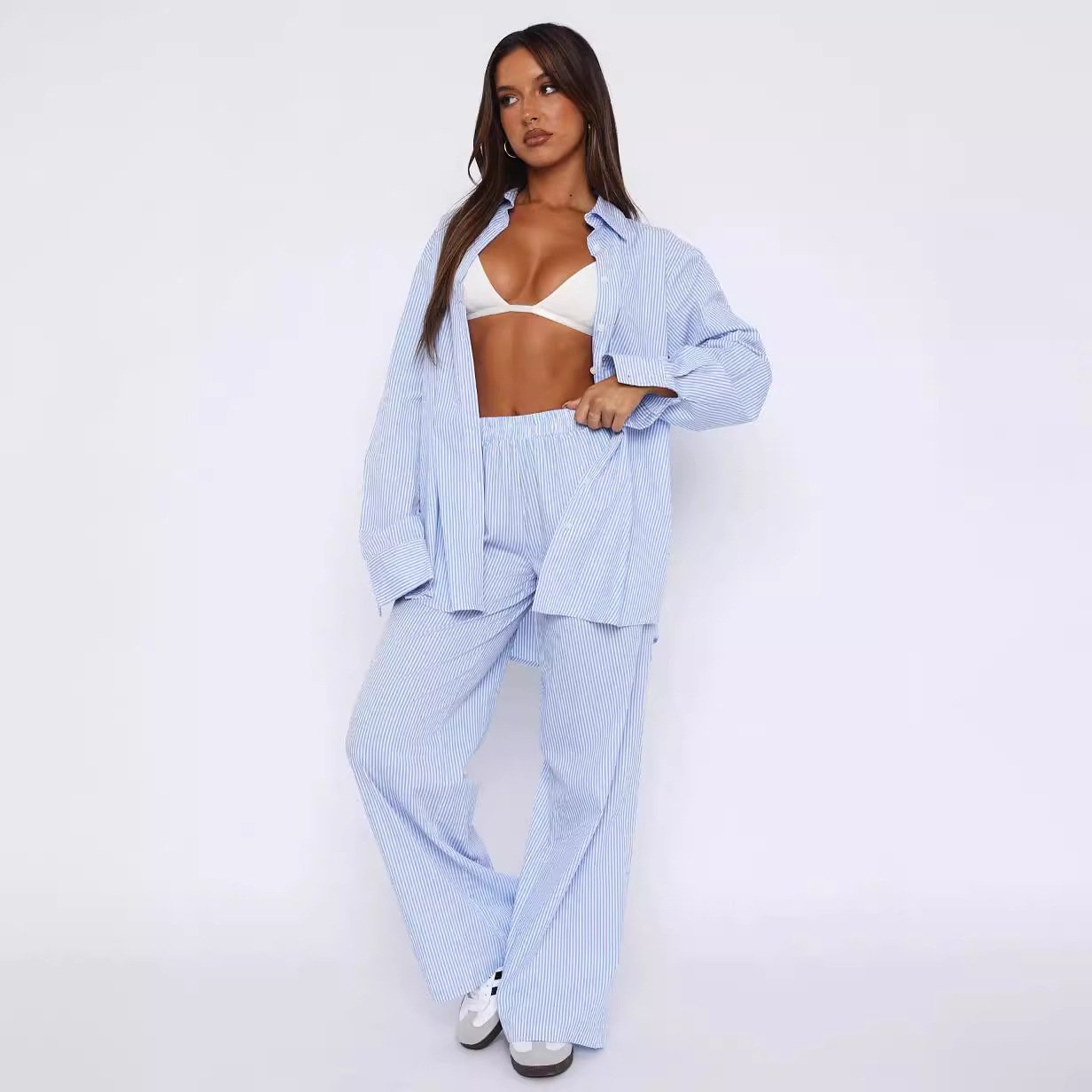 Fashion Y2K Striped Straight Trousers Summer Elastic High Waist Wide Leg Pants For Women - Image 2