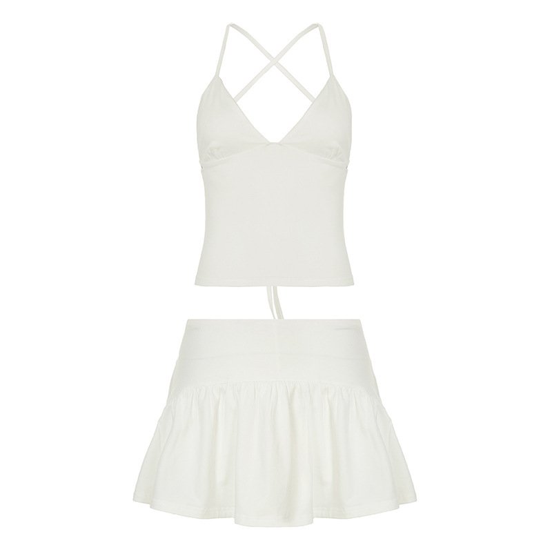 Solid Color And V-neck Hollow Out Strap Short Exercise Skirt Suit - Image 5