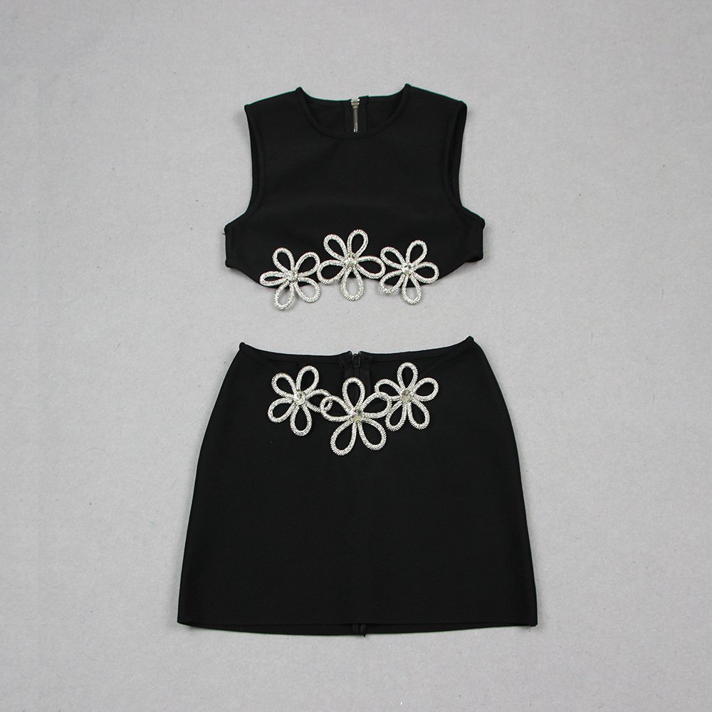 Women's Fashion Cutout Sleeveless Rhinestone Top Skirt Suit Bandage - Image 9