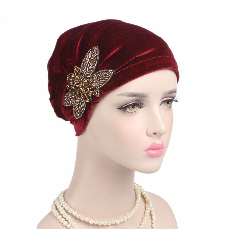Beaded Flower Accessories Turban Hat Velvet Pleated Hood - Image 6