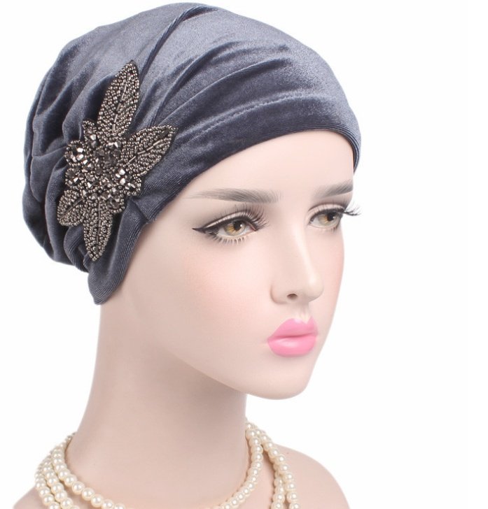 Beaded Flower Accessories Turban Hat Velvet Pleated Hood - Image 9