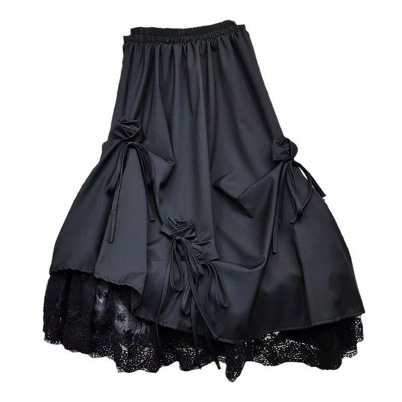 High-waisted Bow Heavy Work Spliced Lace A-line Midi Skirt - Image 5