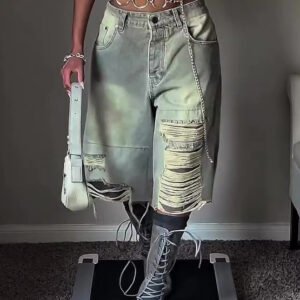 Chic Distressed Denim Loose-fitting Cropped Pants