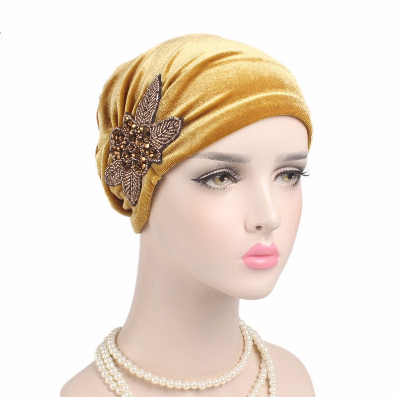 Beaded Flower Accessories Turban Hat Velvet Pleated Hood - Image 4