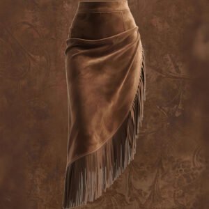 Womens Retro Western Fringe Hem Irregular Suede Skirt