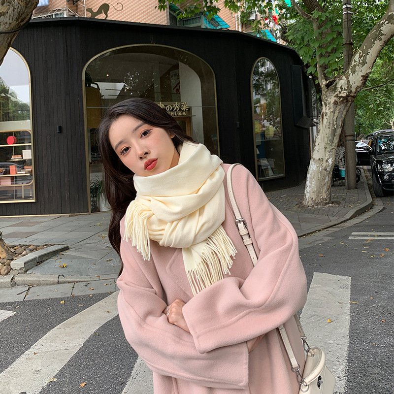 250g Solid Color Artificial Cashmere Scarf Thickened Warm Tassel Monochrome Shawl - Image 6