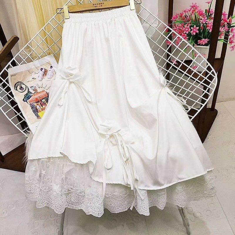 High-waisted Bow Heavy Work Spliced Lace A-line Midi Skirt - Image 3